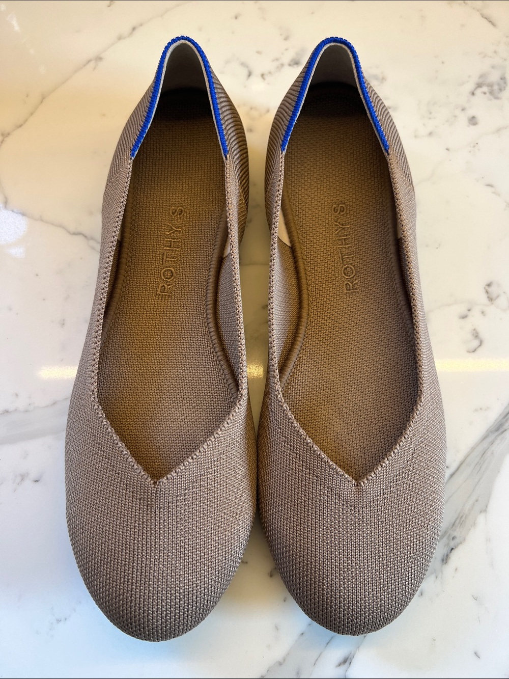Rothy's Taupe Knit Ballet Flats with Bright Blue Heel Trim